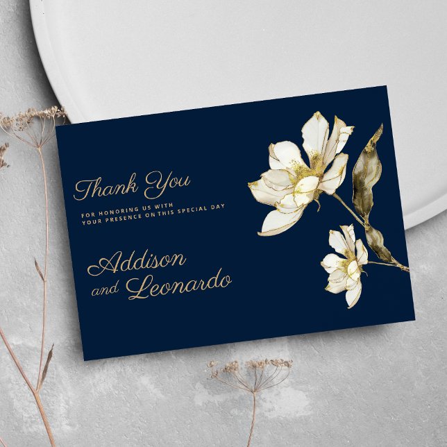 Invitation Merci de fleurs bleu marine de luxe (Luxury navy blue gold white flower Thank You )