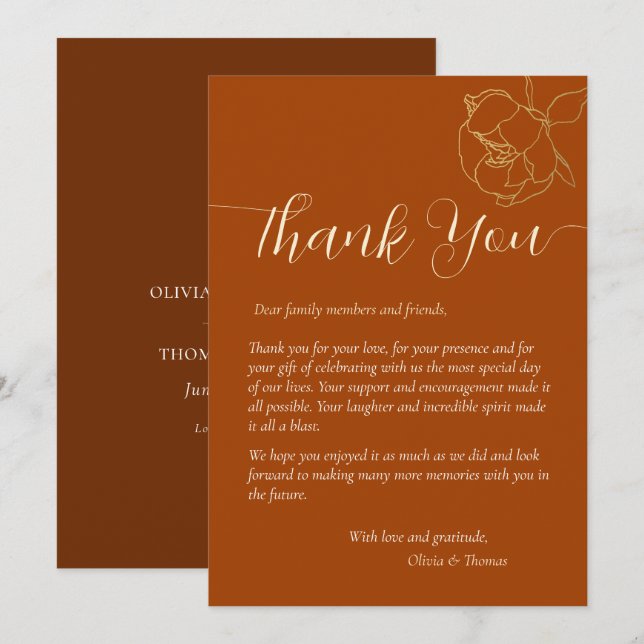 Invitation Merci de Mariage de automne Brown de rouille éléga (Devant / Derrière)