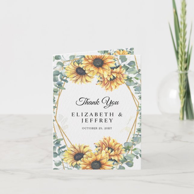 Invitation Merci de Mariage d'or géométrique tournesol (Devant)