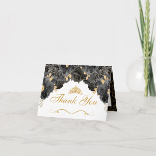 Invitation Merci de Quinceanera Floral Noir et Or