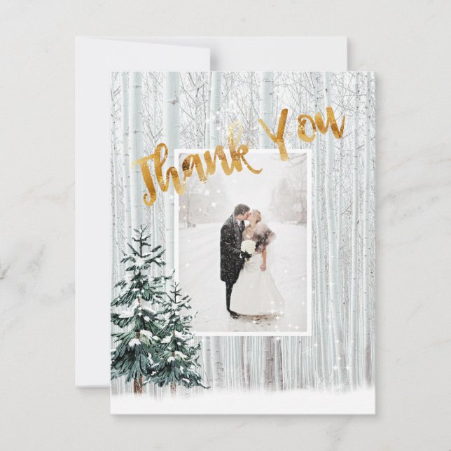Invitation Merci d'or, Mariage d'hiver Pins de Neige (Devant)