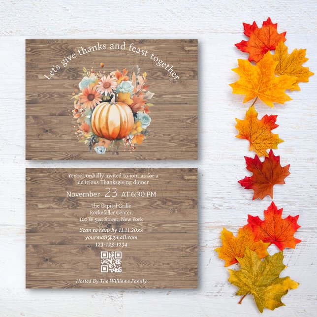 Invitation merci & fête thanksgiving rustique code qr élégant (Créateur téléchargé)
