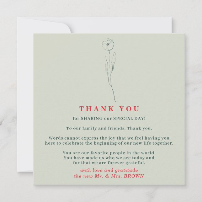 Invitation Merci Fleur Tiny Boho Indie Rouge Vert (Devant)