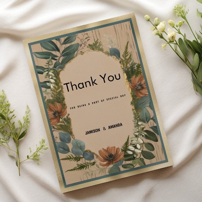 Invitation Merci floral à la menthe orange rustique (Rustic brown orange gold mint floral Thank You )