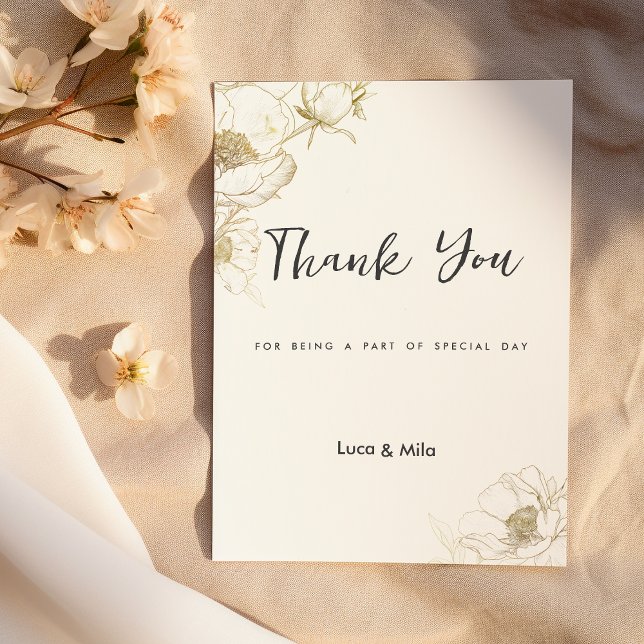 Invitation Merci floral de luxe simple or blanc peony (Luxury simple white gold peony floral Thank You)
