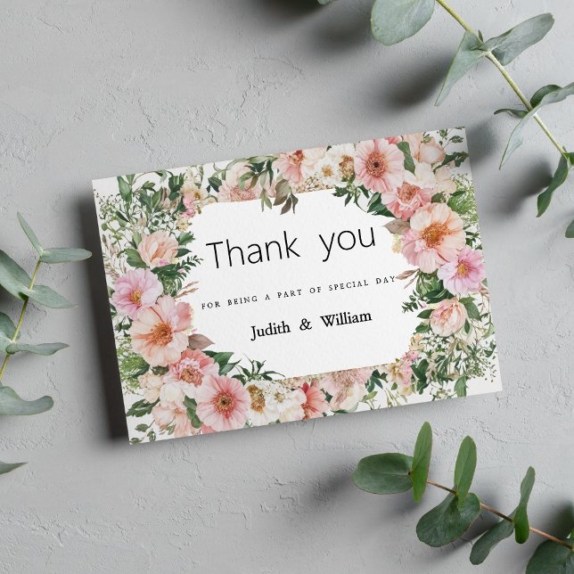 Invitation Merci floral d'été en fleurs rose botanique (Botanical pink blossom summer floral Thank You )