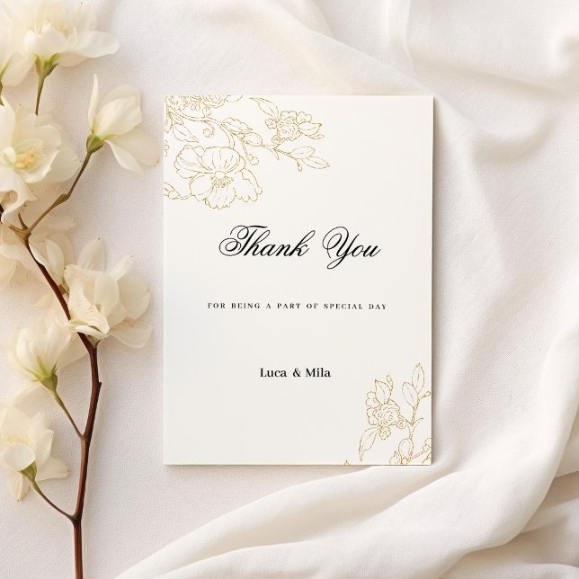 Invitation Merci floral or blanc simple et élégant (Simple elegant white gold floral Thank You)