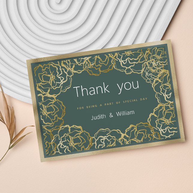Invitation Merci floral rose doré roux romantique (Romantic dusty green gold rose floral Thank You)
