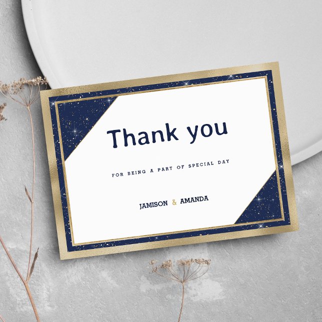 Invitation Merci géométrique de parties scintillant bleu mari (White gold navy blue glitter geometric Thank You)