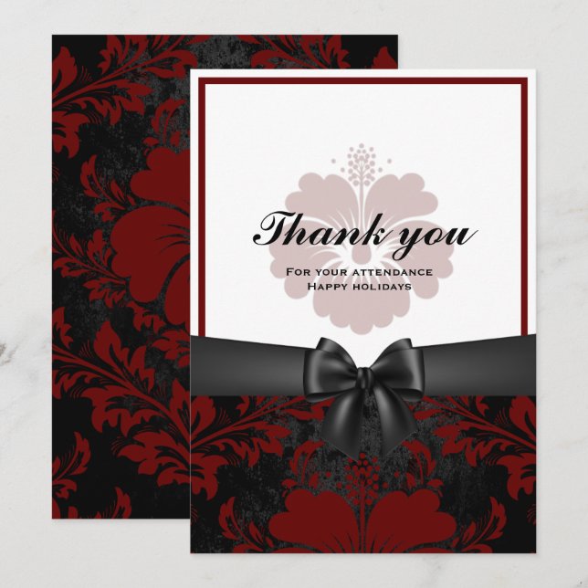 Invitation Merci heureux vacances noir arc, rouge floral (Devant / Derrière)