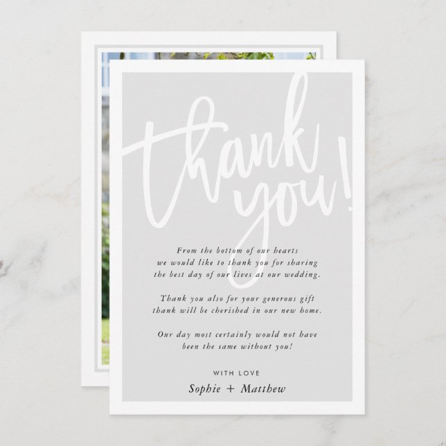 Invitation MERCI mariage brush écriture script gris pâle (Devant / Derrière)