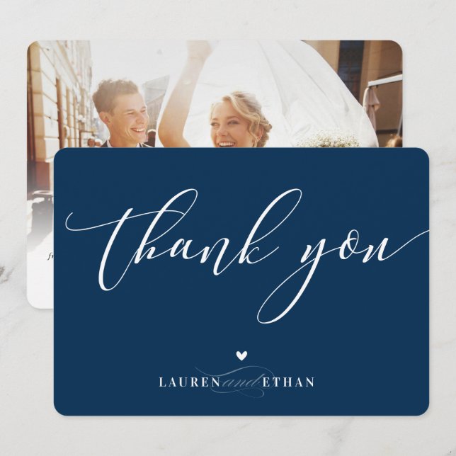 Invitation MERCI mariage photo élégants noms bleu foncé (Devant / Derrière)
