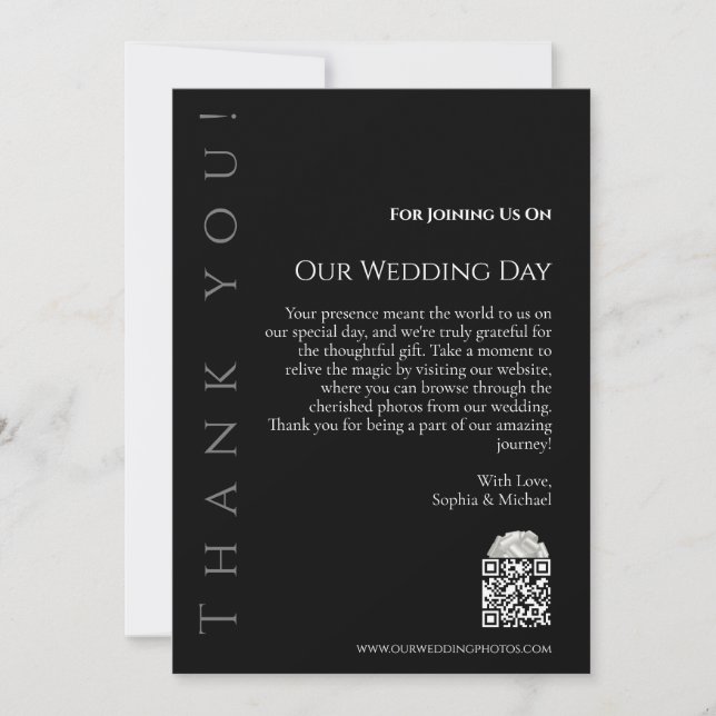 Invitation Merci moderne simple noir et Mariage blanc (Devant)