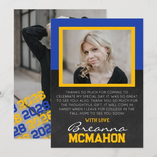 Invitation Merci photo Blue & Gold Chalkboard Graduation (Devant / Derrière)