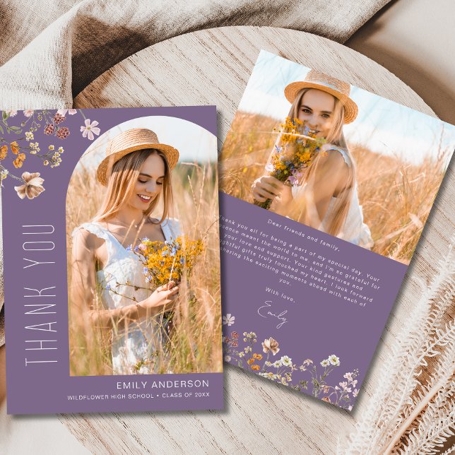 Invitation Merci photo de graduation de Fleur sauvage violet (Créateur téléchargé)