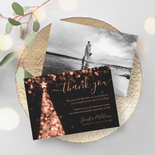 Invitation Merci photo Rose d'or  de l'arbre festif Mariage (Festive Tree Rose Gold Wedding Photo Thank You Invitation)