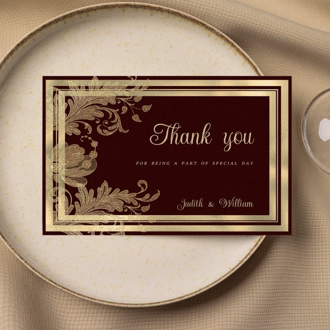 Invitation Merci vintage en dentelle dorée bordeaux (Vintage burgundy gold floral lace Thank You)