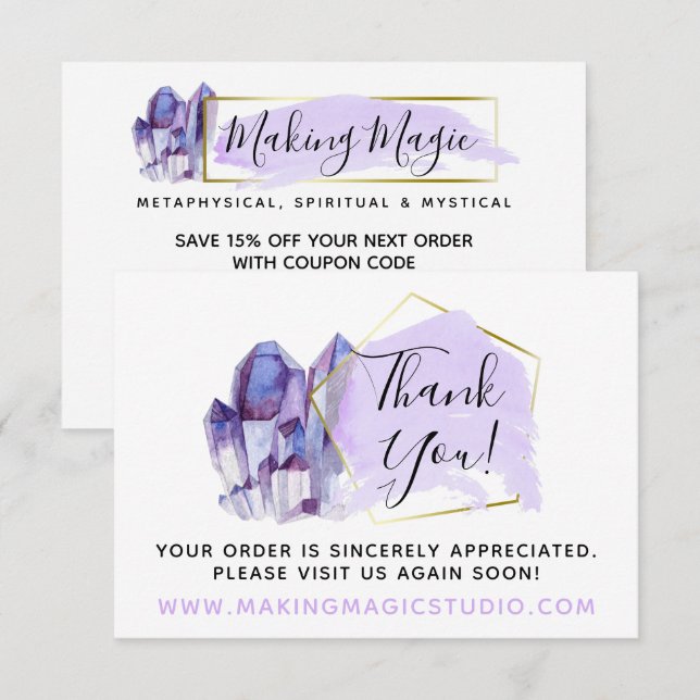 Invitation Merci Watercolor Crystals & Gold Boho Card (Devant / Derrière)