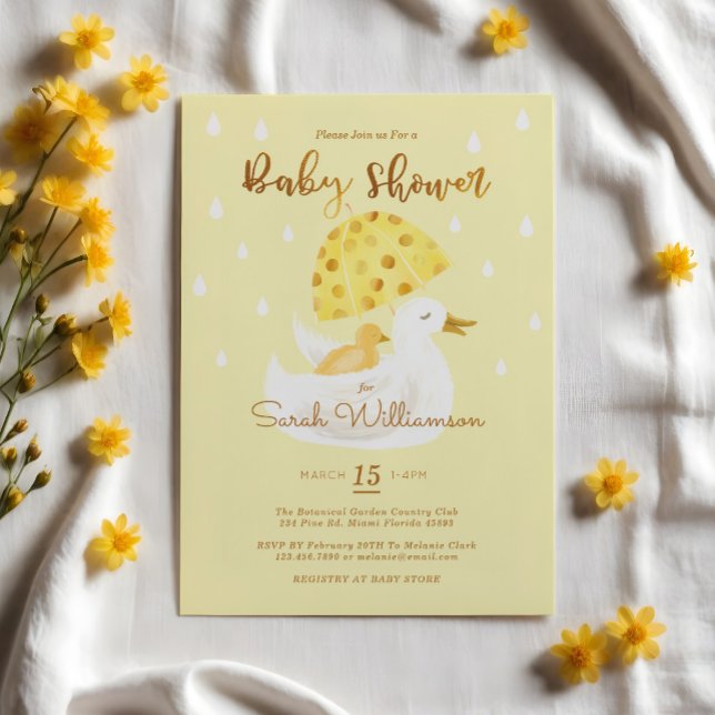 Invitation Mère & Bébé Jaune Canard Parapluie Jaune Pale Jaun (Mother & Baby Yellow Ducky Umbrella Pale Yellow Invitation)