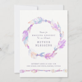Invitation Mère bénédiction plume et perles art violet