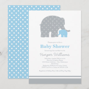 Invitation Mère Eléphant Baby shower de points gris bleu
