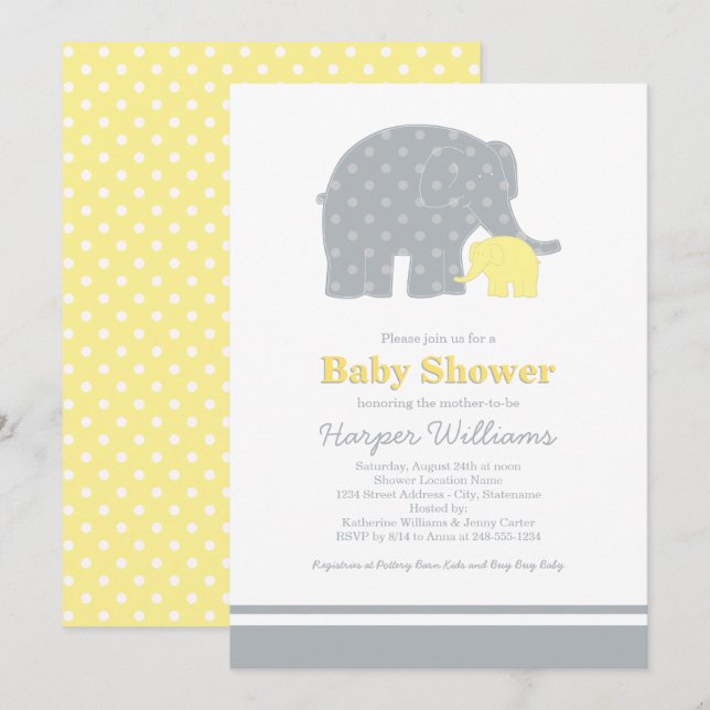 Invitation Mère Eléphant Jaune Chien gris Baby shower (Devant / Derrière)