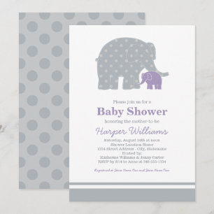 Invitation Mère Eléphant Purple Grey Dots Baby shower