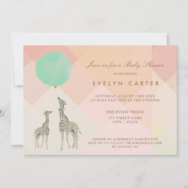 INVITATION MÈRE ET BABY SHOWER DE GIRAFE ET DE BALLON %PIPE% (Devant)