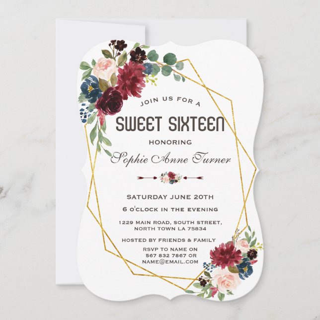 Invitation Merlot Bleu Marine Floral Cadre Doré Sweet 16 (Devant)