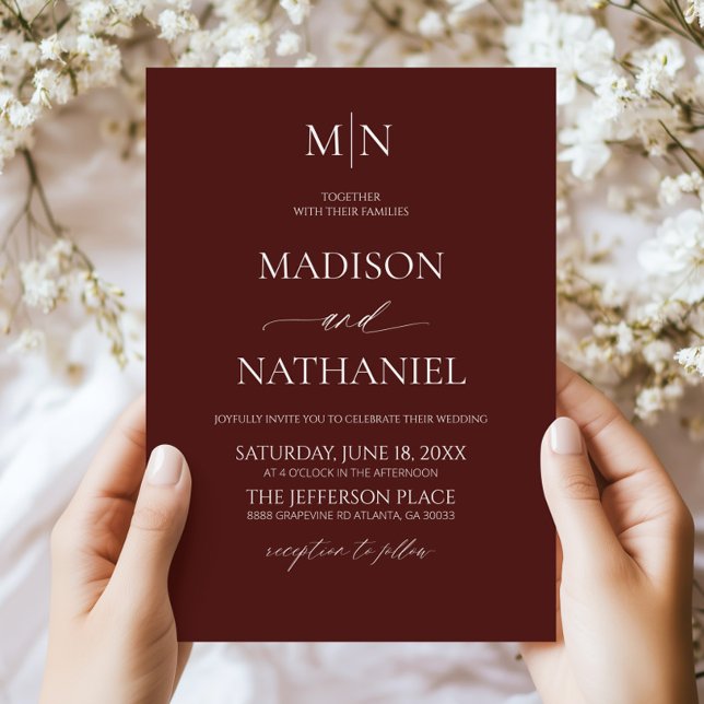 Invitation Merlot Deep Burgundy Minimalist Initial Wedding (Créateur téléchargé)