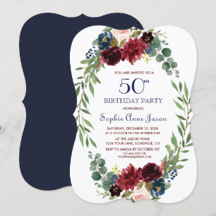 Invitation Merlot Marine Bleu Floral Fleur 50e anniversaire