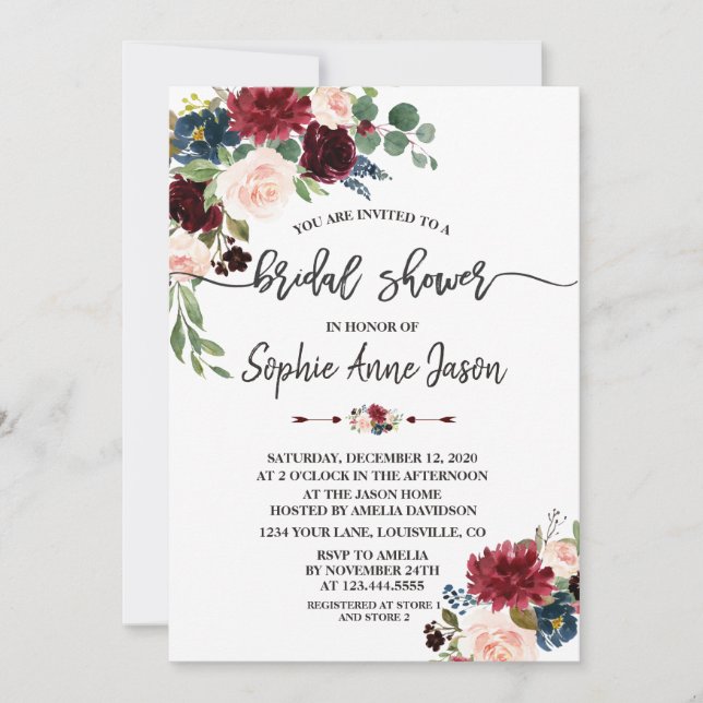 Invitation Merlot Navy Blue Floral Fête des mariées manuscrit (Devant)