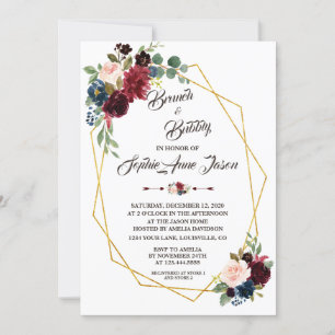 Invitation Merlot Navy Blue Floral Gold Frame Fête des mariée