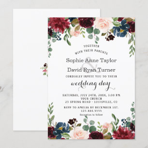 Invitation Merlot romantique Marine bleu Blush Floral Mariage