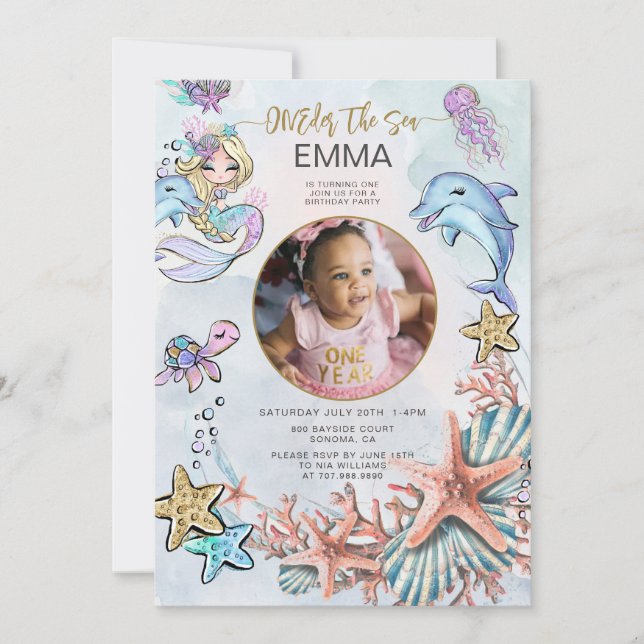 Invitation Mermaid 1er Anniversaire de la fête Photo ONE der  (Devant)