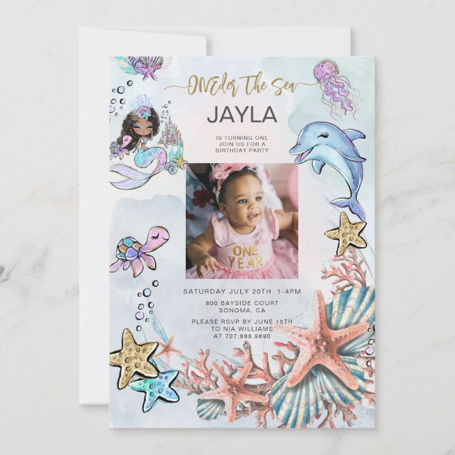 Invitation Mermaid 1er Anniversaire de la fête Photo ONE der  (Devant)