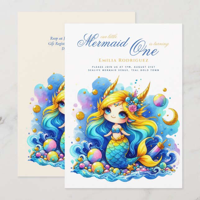 Invitation Mermaid 1er anniversaire ou EDIT AGE Or TurquoiseB (Devant / Derrière)