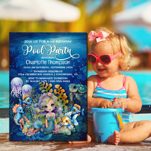 Invitation Mermaid 1er anniversaire Pool Party