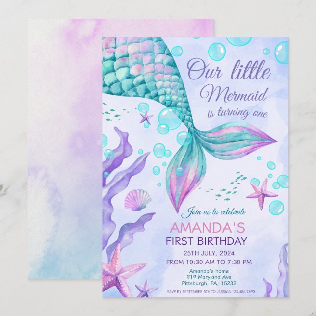 Invitation Mermaid 1er Anniversaire Sous La Fête Mermaid De M (Devant / Derrière)