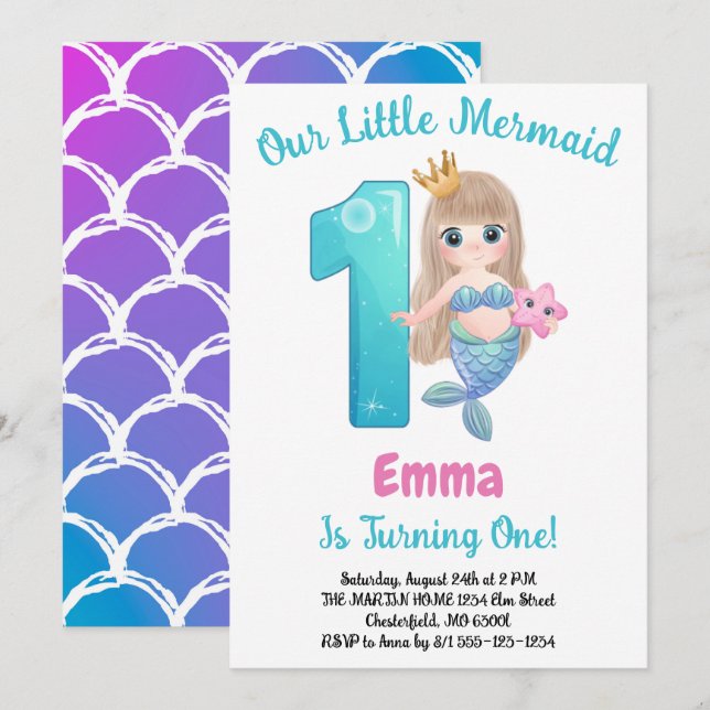 Invitation Mermaid 1er fête d'anniversaire (Devant / Derrière)