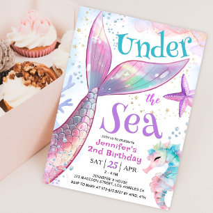 Invitation Mermaid 2e anniversaire sous la mer rose violet
