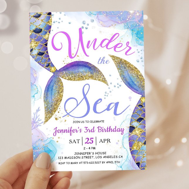 Invitation Mermaid 3e anniversaire fille rose or sous la mer (Créateur téléchargé)