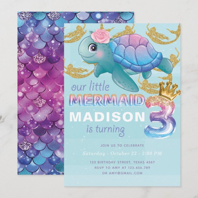 Invitation Mermaid 3e anniversaire Pink Blue Gold Parties sci (Devant / Derrière)