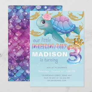 Invitation Mermaid 3e anniversaire Pink Blue Gold Parties sci