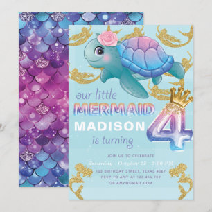 Invitation Mermaid 4e anniversaire Pink Blue Gold Parties sci