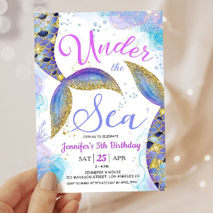 Invitation Mermaid 5e anniversaire fille rose or sous la mer