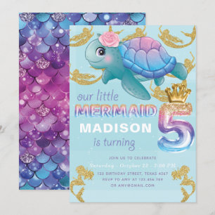 Invitation Mermaid 5e anniversaire Pink Blue Gold Parties sci
