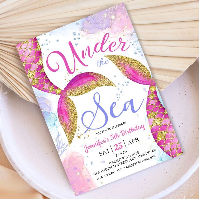 Invitation Mermaid 5ème anniversaire Fille de fête sous la me (Créateur téléchargé)