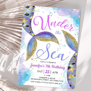 Invitation Mermaid 7e anniversaire fille rose or sous la mer