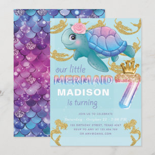 Invitation Mermaid 7e anniversaire Pink Blue Gold Parties sci